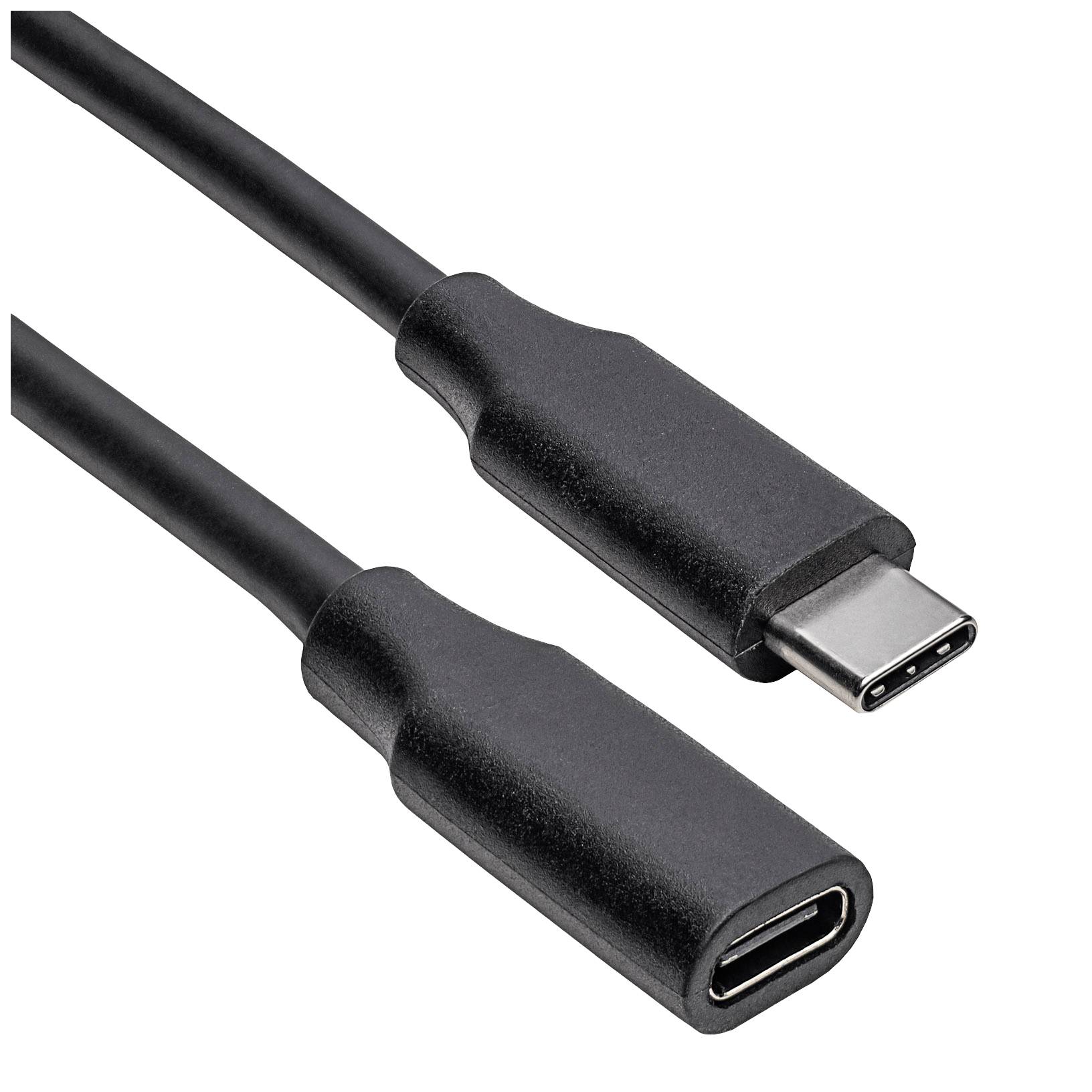 Zwei schwarze USB-C-Kabelstecker, einer mit männlicher und einer mit weiblicher Verbindung, auf weißem Hintergrund.