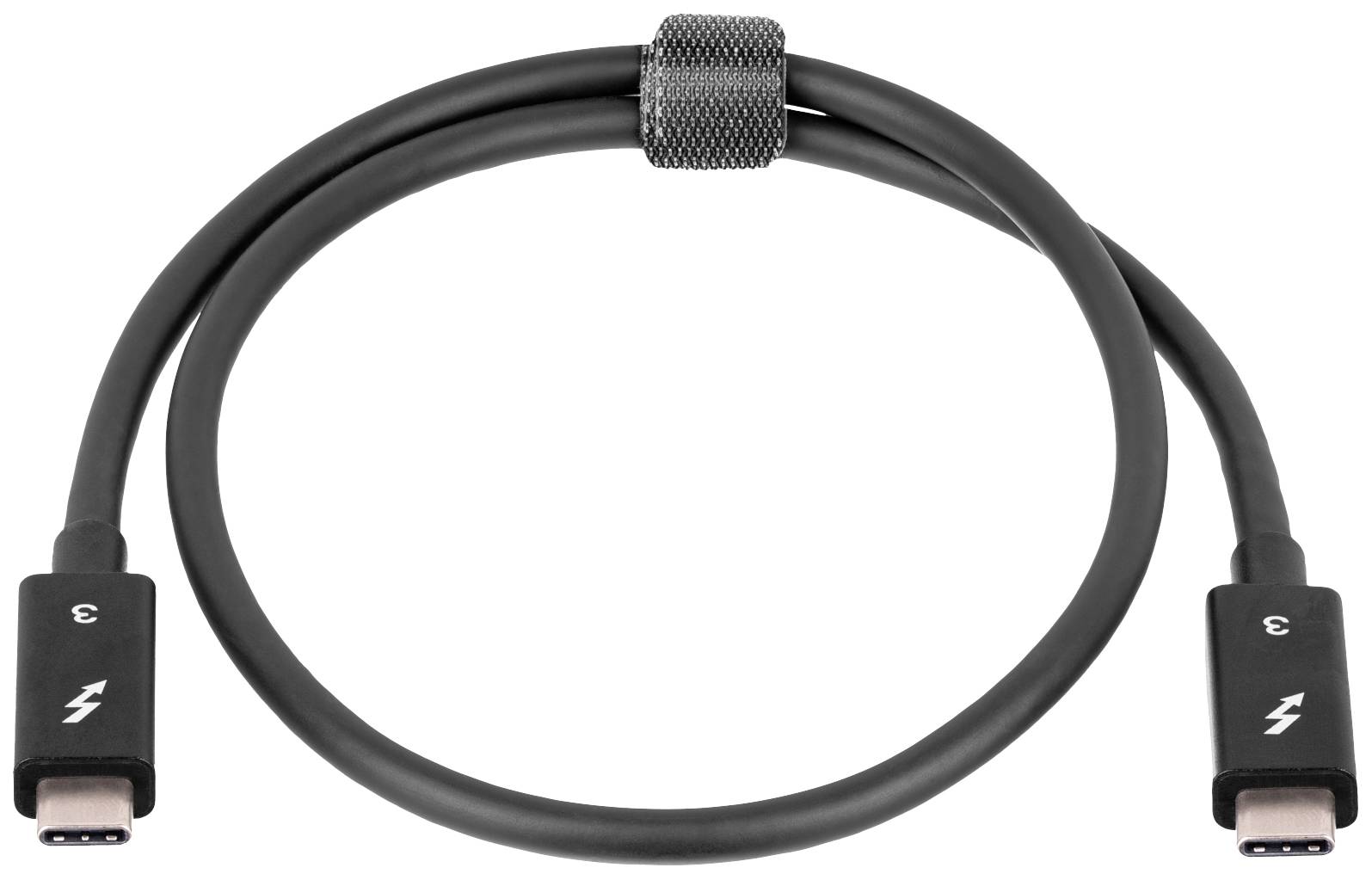Ein schwarzes Thunderbolt 3-Kabel mit USB-C-Anschlüssen an beiden Enden, um kabellose Datenübertragung und Aufladung zu ermöglichen.