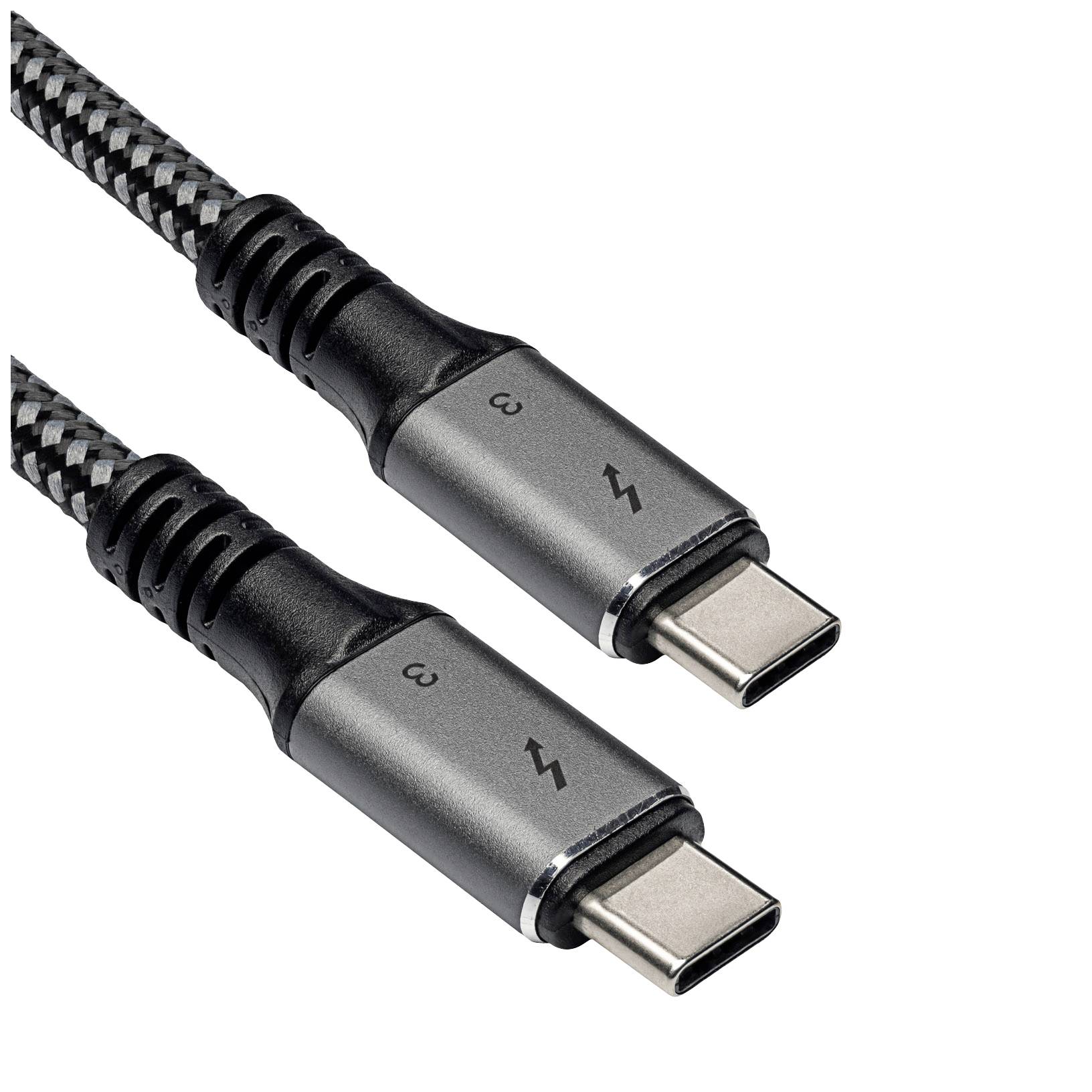 Zwei schwarze, geflochtene USB-C-Kabel mit Thunderbolt-Logo an den Steckern, geeignet für schnelle Datenübertragung und Laden.
