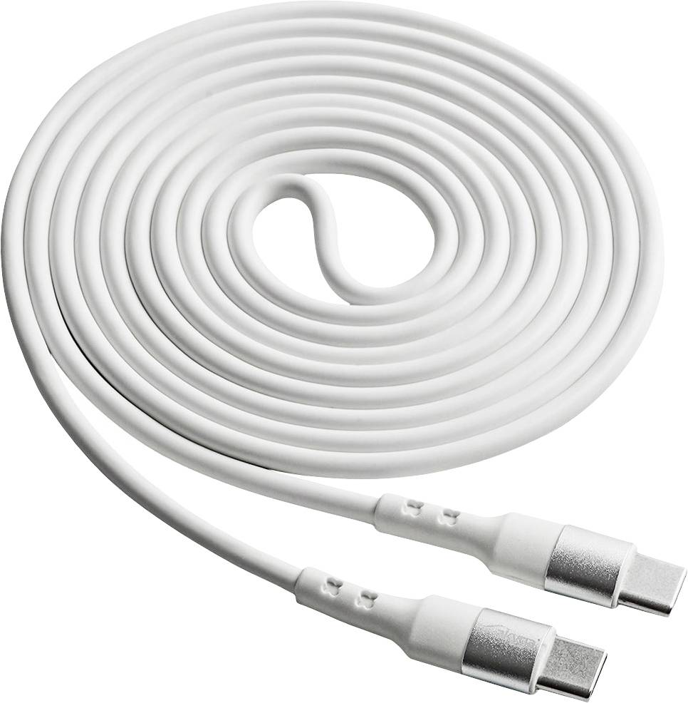 Ein langes, aufgerolltes USB-C-Kabel in Weiß. Beide Enden haben identische USB-C-Stecker, geeignet für Datenübertragung und Laden.