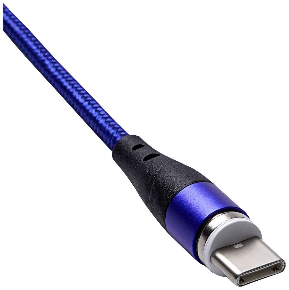 Ein blaues USB-C-Kabel mit schwarzem Anschluss, das für den Anschluss mobiler Geräte und Computer verwendet wird.