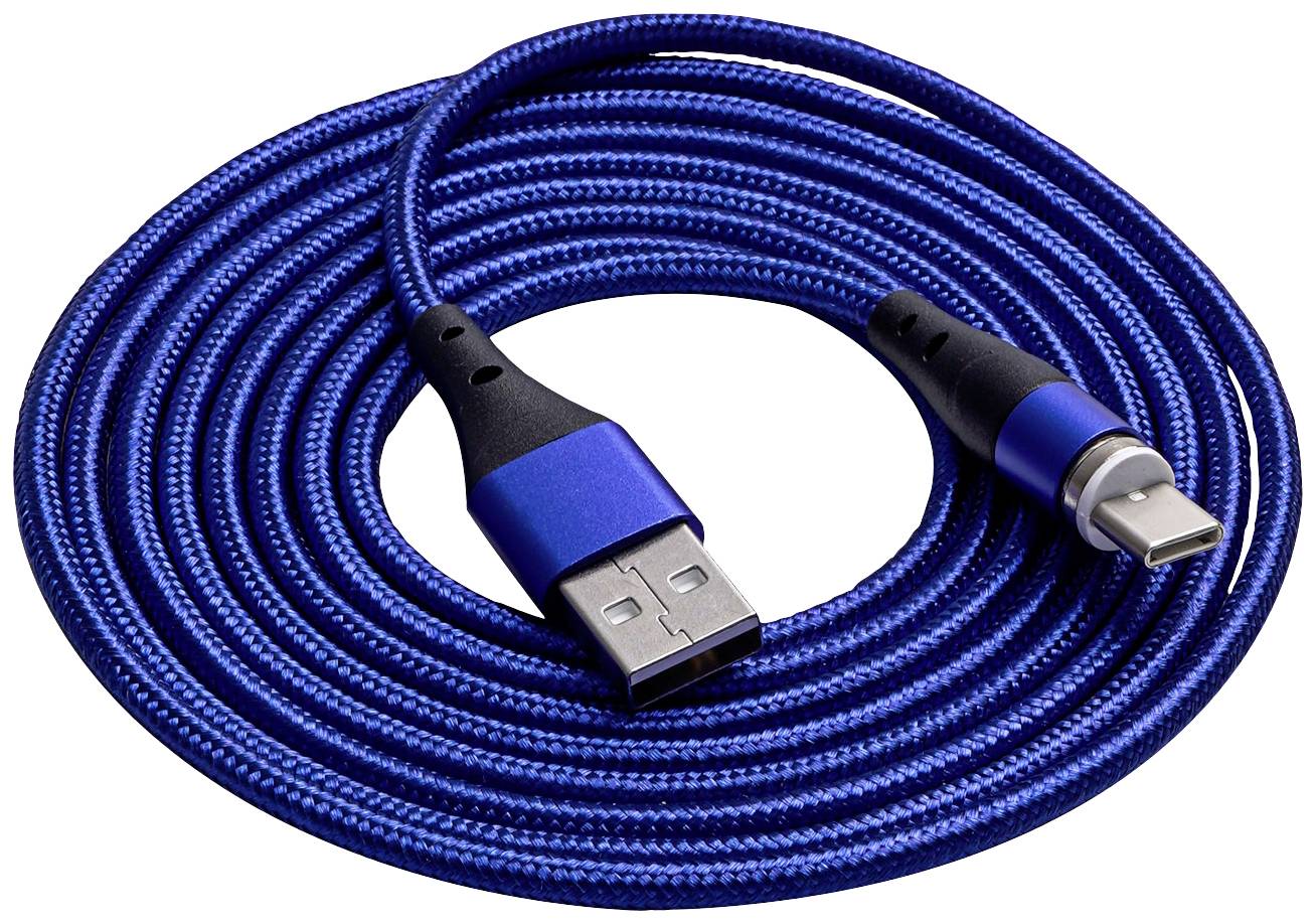 Blaues USB-Kabel mit USB-A- und USB-C-Stecker, gewunden und aufgerollt.