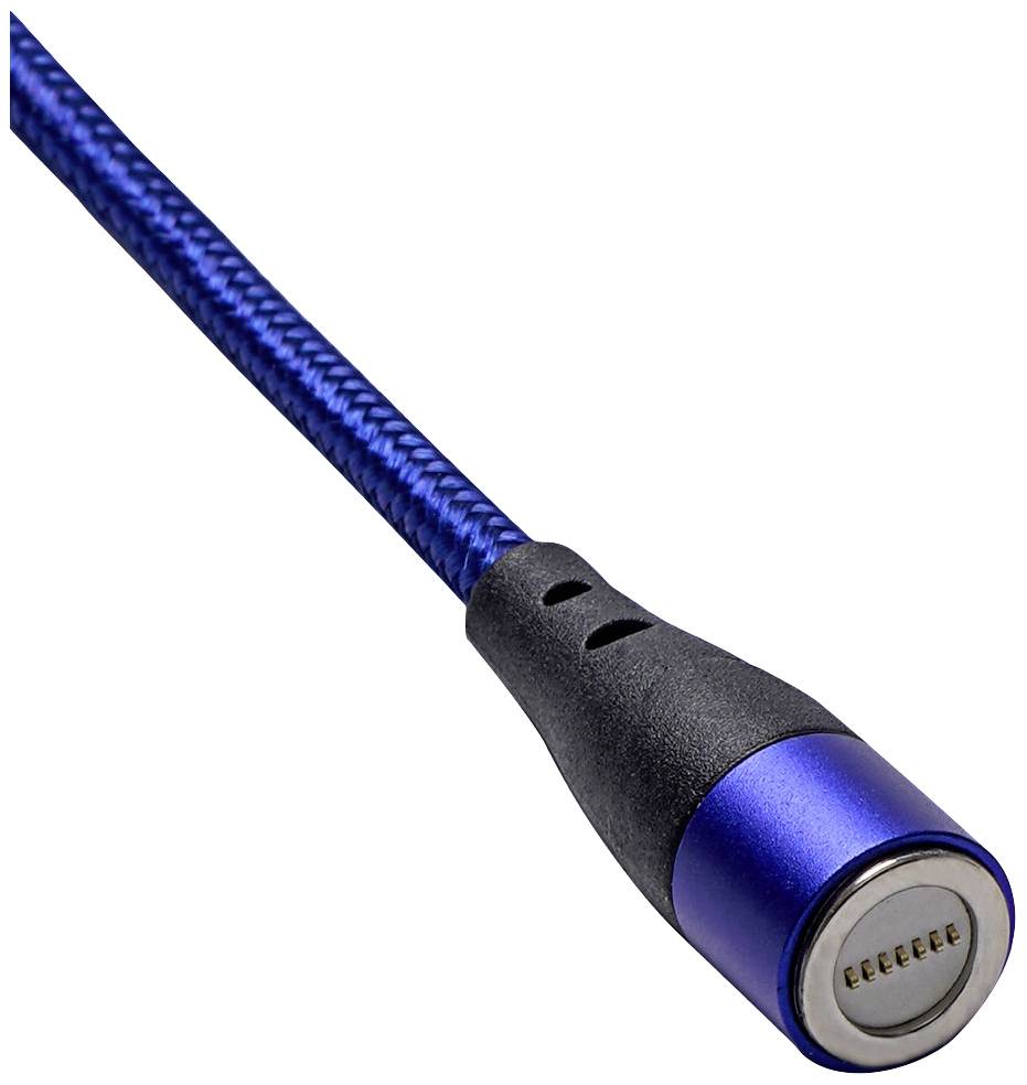 Blaues magnetisches Ladekabel mit abgerundetem Anschlussende, geeignet für elektronische Geräte.