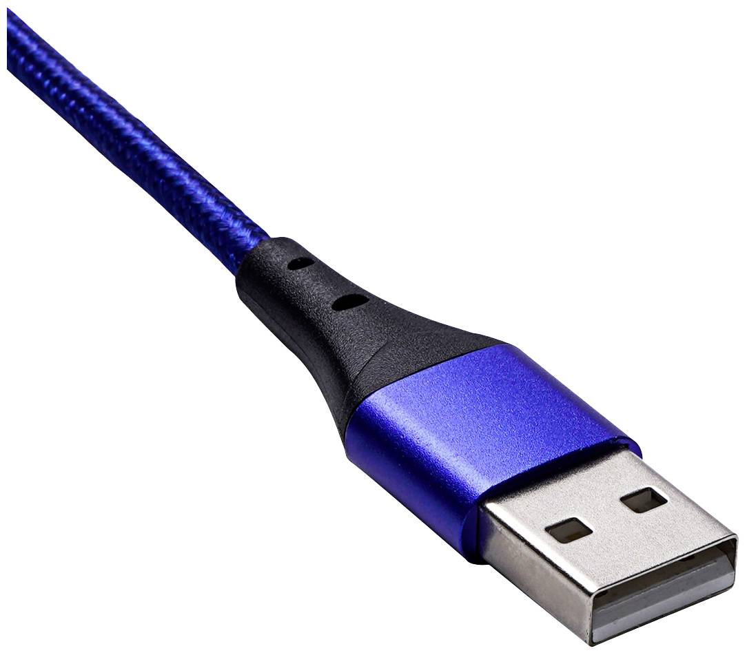 Ein blaues USB-Kabel mit einem schwarzen Anschluss liegt auf weißem Hintergrund.