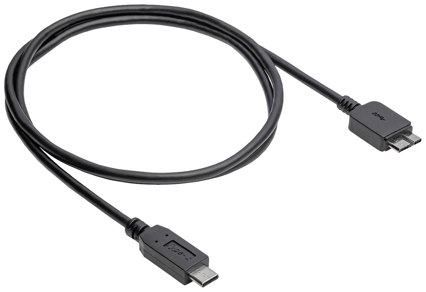 Ein schwarzes USB-Kabel mit Micro-USB-Anschluss, gewickelt in ovaler Form.