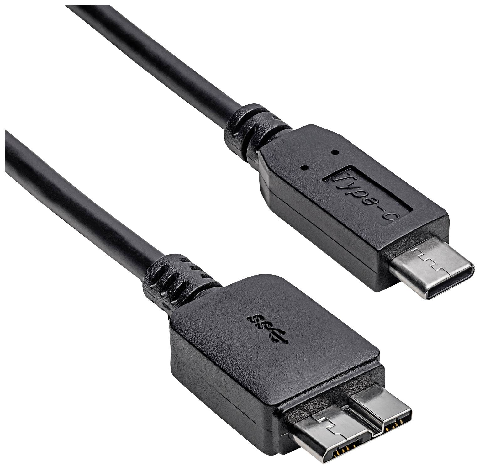 Zwei schwarze Kabel: oben ein USB-C-Stecker, unten ein USB 3.0 Micro-B-Stecker.
