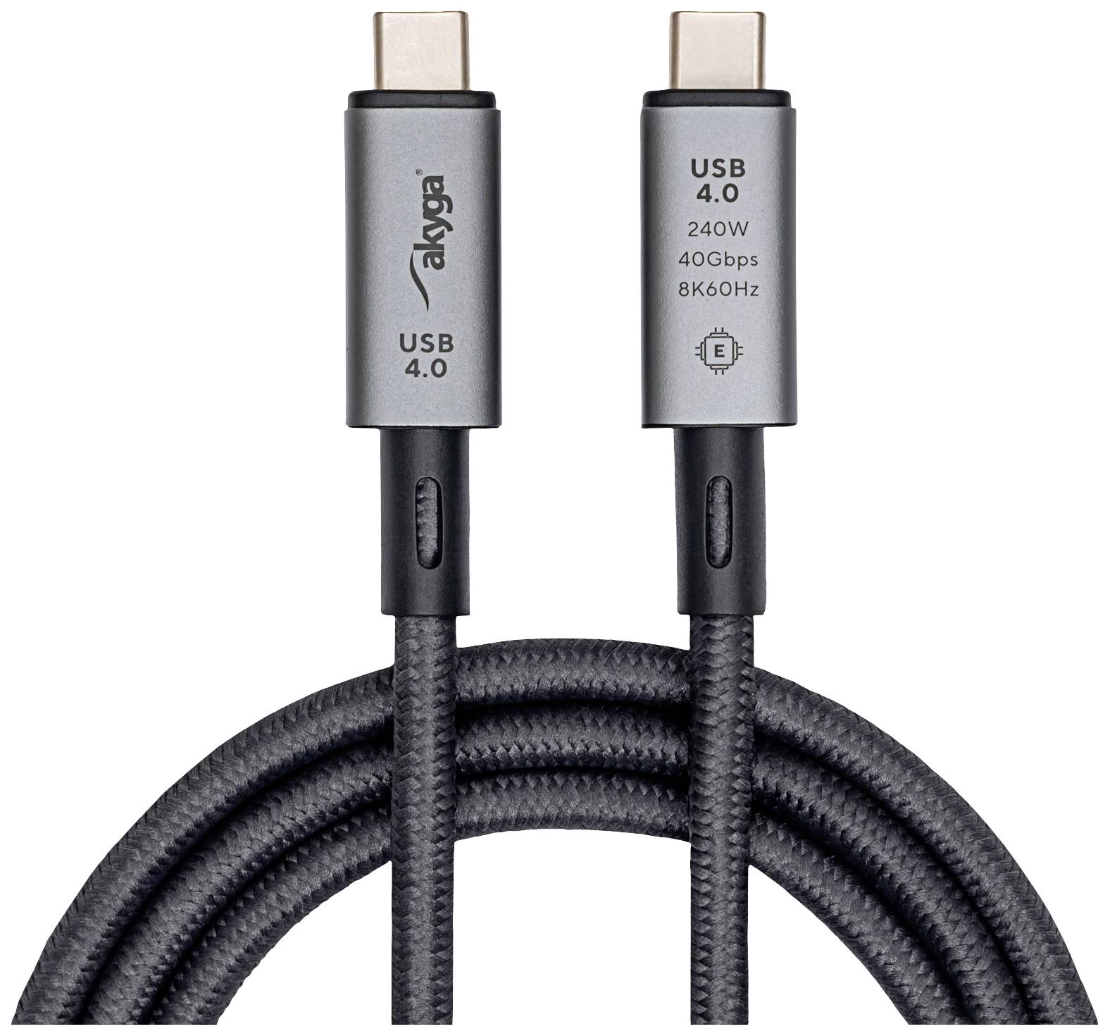 Ein USB 4.0-Kabel mit zwei USB-C-Steckern, geeignet für 240W Leistung und 40Gbps Datenübertragung bei 8K60Hz.