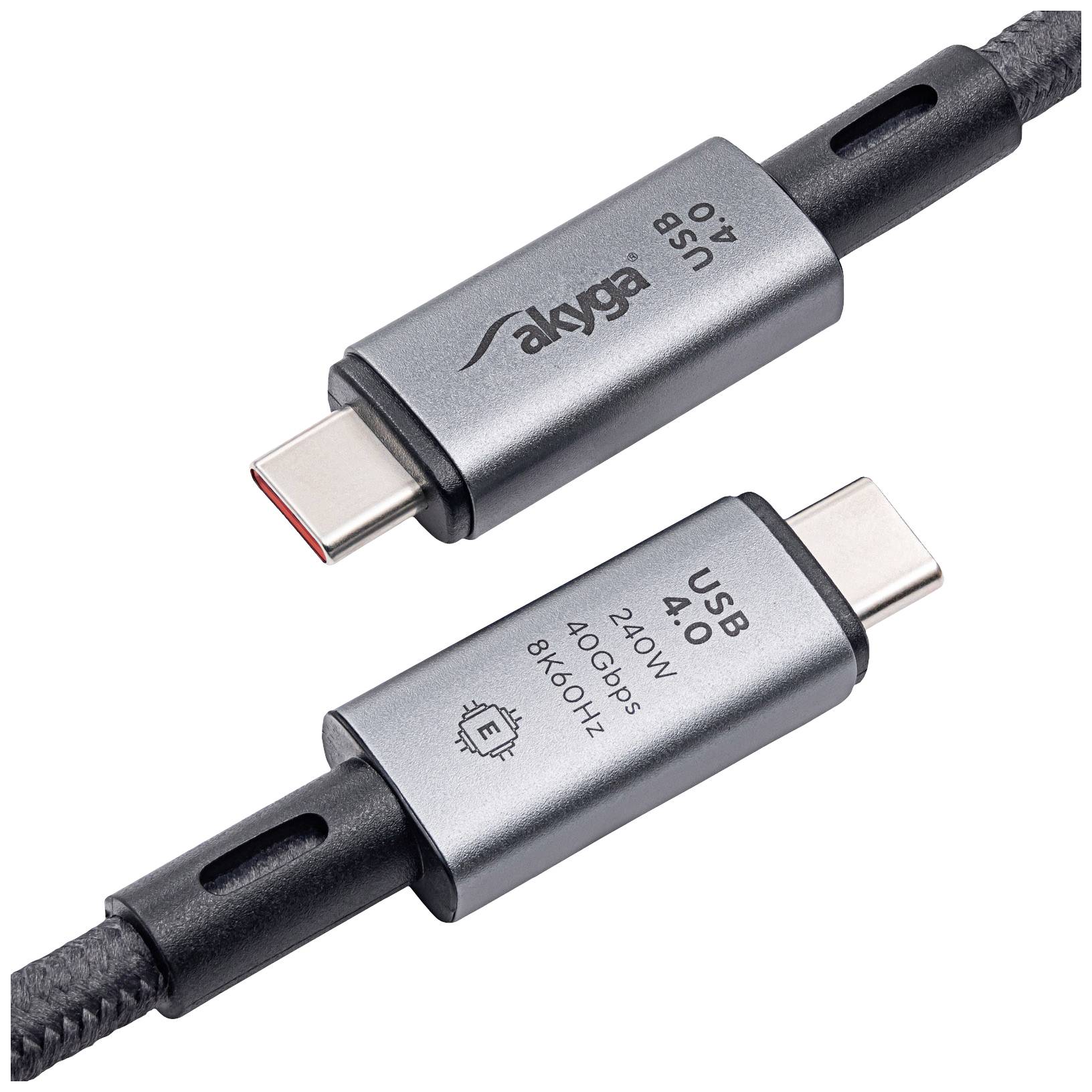 Zwei USB-C-Stecker mit Beschriftung 'USB 4.0', '240W', '40Gbps', und '8K@60Hz', verbunden durch ein geflochtenes Kabel.