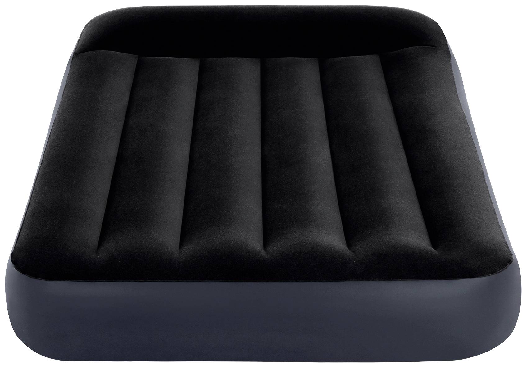 Eine schwarze Luftmatratze mit geripptem Oberteil, rechteckig und für zwei Personen geeignet. Ideal für Camping oder Gäste.