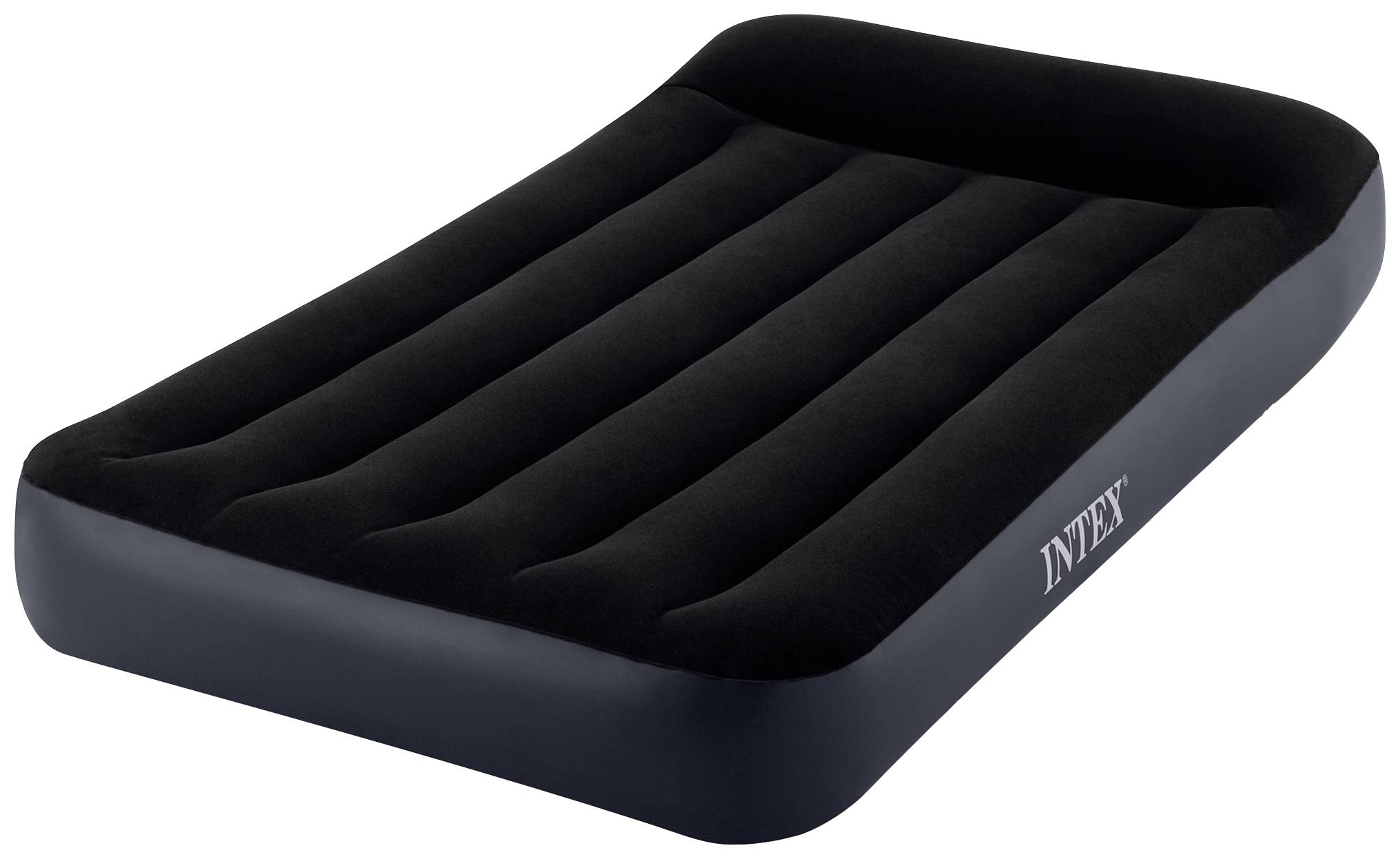 Schwarzes, aufblasbares Luftbett mit erhöhter Kante; seitlich Aufschrift 'Intex'.