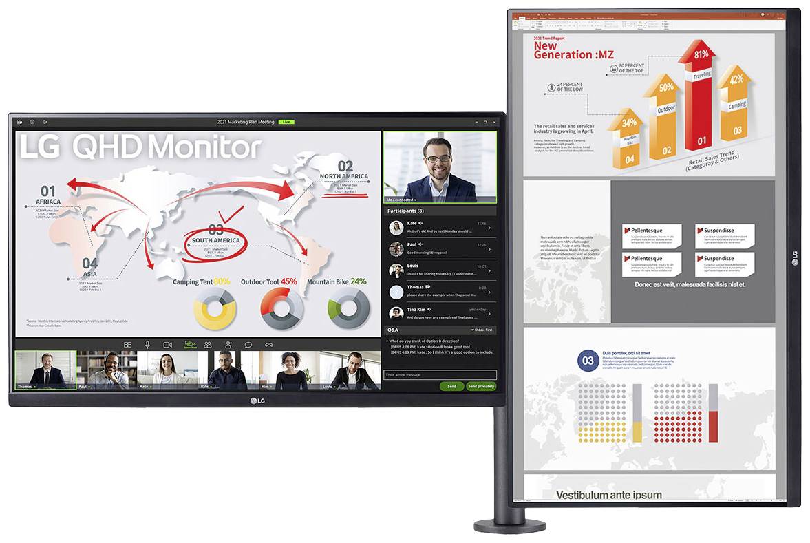 'LG QHD Monitor' zeigt eine Weltkarte mit Pfeilen zwischen Asien, Europa und Amerika, plus eine Videokonferenzansicht mit Teilnehmer. Rechts: Infografik über 'New Generation MZ' mit Balkendiagramm und Text.