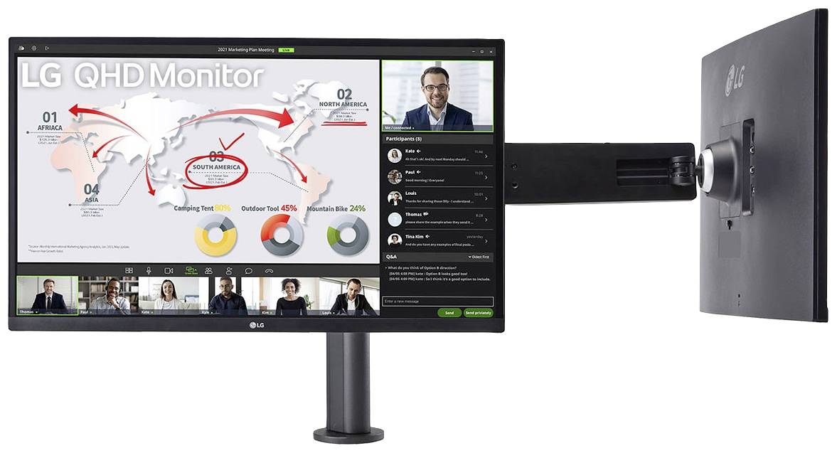 Ein LG QHD Monitor zeigt eine Videokonferenz mit mehreren Teilnehmern. Auf dem Bildschirm sind Grafiken, Text und ein Weltkarten-Diagramm zu sehen.