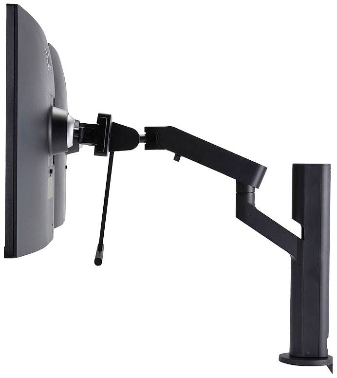 Seitenansicht eines Monitors auf einem vollbeweglichen Schwenkarm, ermöglicht flexibles Neigen und Drehen des Bildschirms.