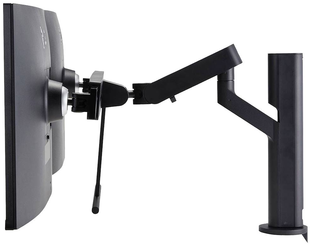 Ein ergonomischer Monitorarm im Profil, der zwei Monitore hält. Verstellbar in Höhe und Neigung, montiert auf einem stabilen Sockel.