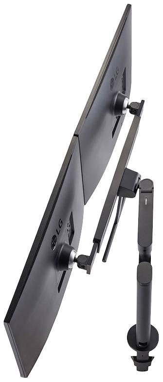 Zwei nebeneinander an einer Halterung montierte Monitore von LG, von oben betrachtet.