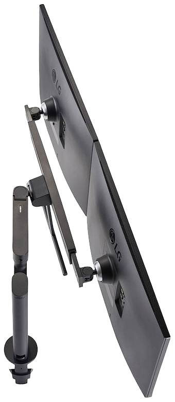 Dual-Monitor-Setup von LG mit einem schwenkbaren Arm, zeigt die Rückseiten der Monitore, die an den Armhalterungen befestigt sind.