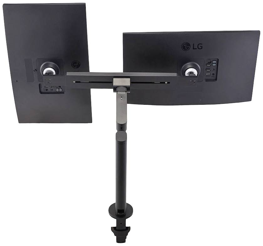 Zwei LG-Monitore an einer Doppelhalterung, Rückenansicht. Die Monitore sind schwenkbar und nebeneinander befestigt.