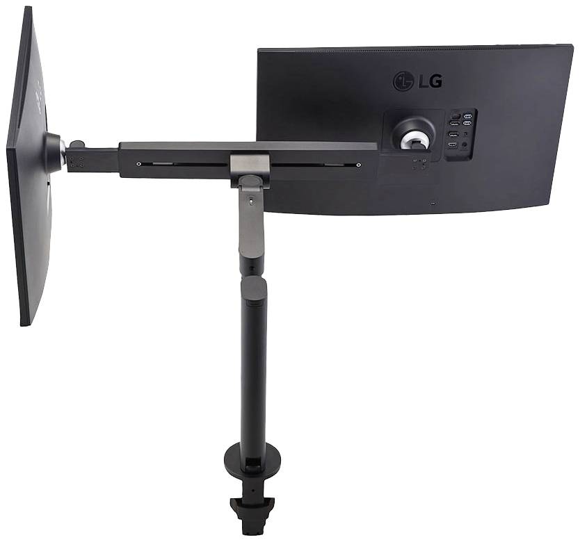 Ein schwarzer Flachbildschirm-Monitor steht auf einem verstellbaren Arm. Die Rückseite zeigt das LG-Logo und verschiedene Anschlüsse.