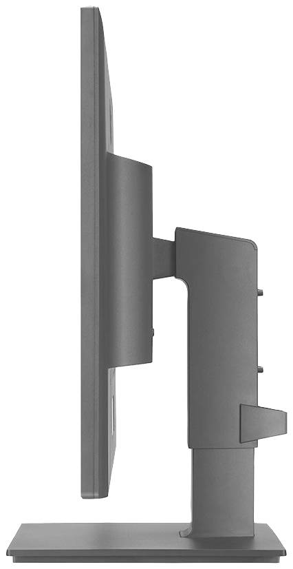 Seitenansicht eines modernen Flachbildschirms auf einem verstellbaren Standfuß. Geeignet für Büroumgebungen oder Heimgebrauch.