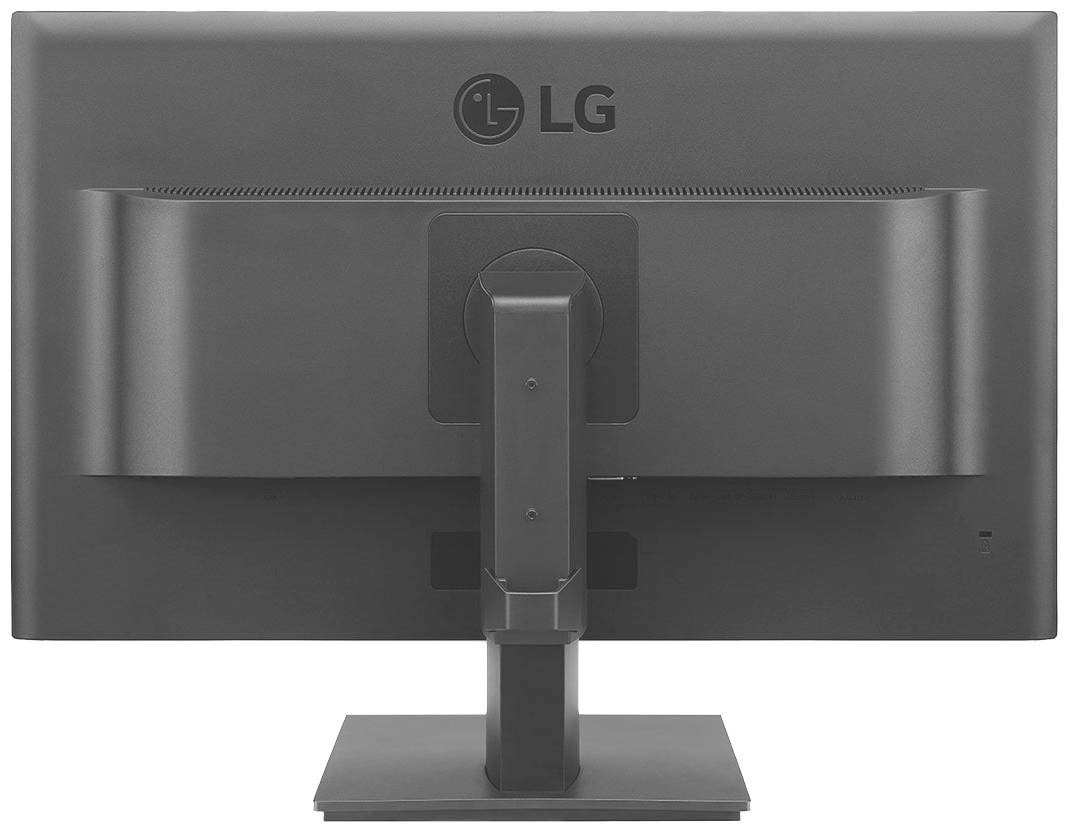 Rückansicht eines LG-Monitors mit verstellbarem Standfuß, schwarzes Design.