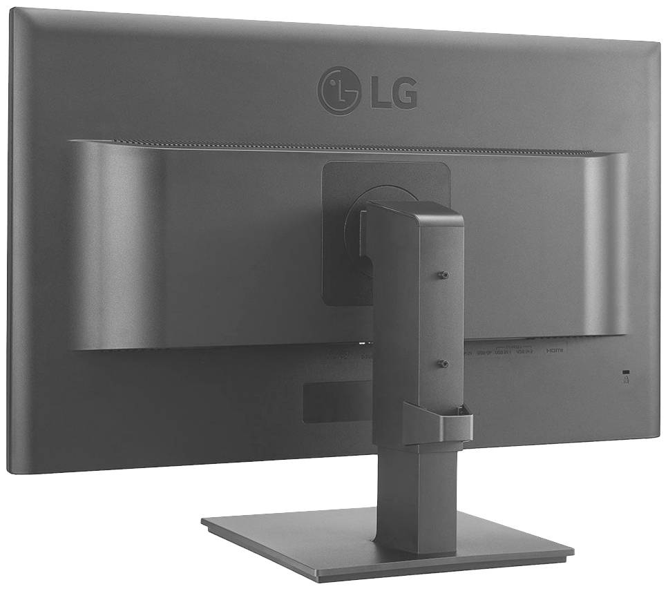 Ein LG-Monitor von hinten mit einem stabilen Ständer. Der Monitor hat ein schlichtes, modernes Design und ist neutral grau.