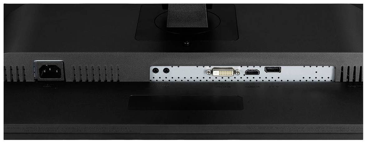 Rückseite eines Monitors mit Anschlussleiste. Anschlüsse umfassen Stromanschluss, Audio, DVI, HDMI und USB.