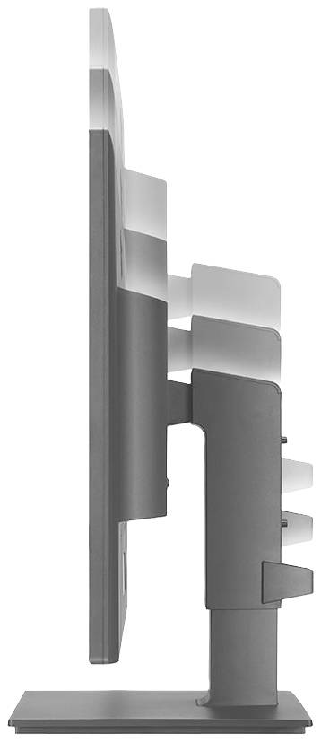 Seitenansicht eines Computermonitors mit stufenartigem Design hinten, auf einem stabilen Standfuß.