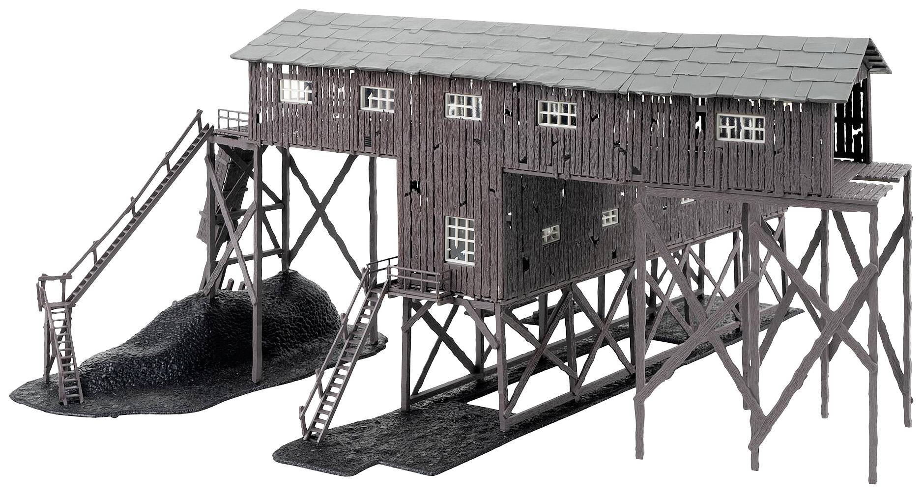 Braunes, hölzernes Modell einer Förderanlage mit Schrägen und Treppen auf einer schwarzen Basis.