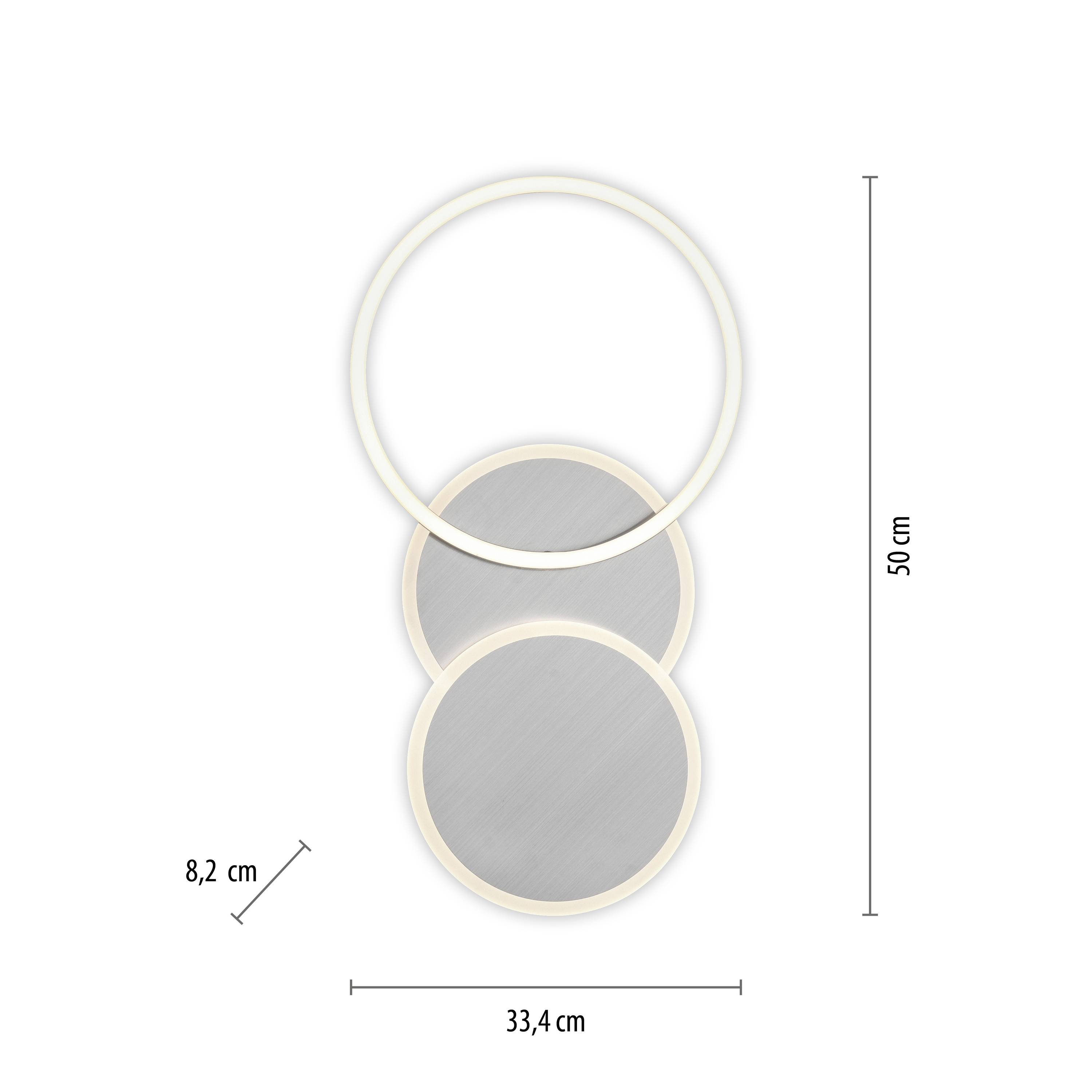 Zwei überlappende runde Spiegel mit Maßen: 50 cm hoch, 33,4 cm breit, 8,2 cm tief.