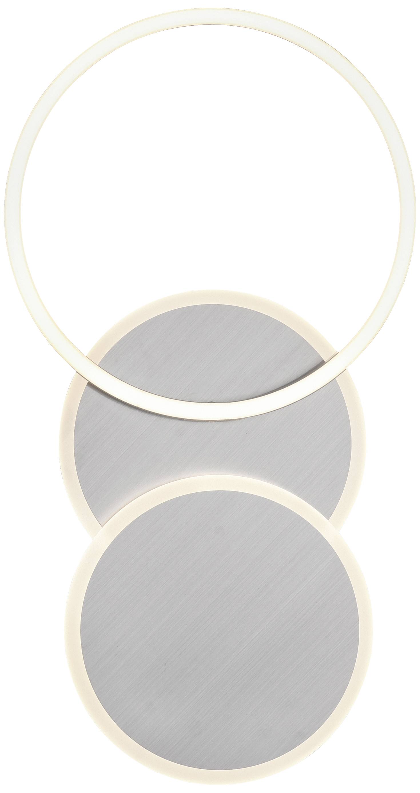 Drei übereinanderliegende, leuchtende Kreise in weiß und metallisch silberner Farbe; abstrakt geometrisches Design.