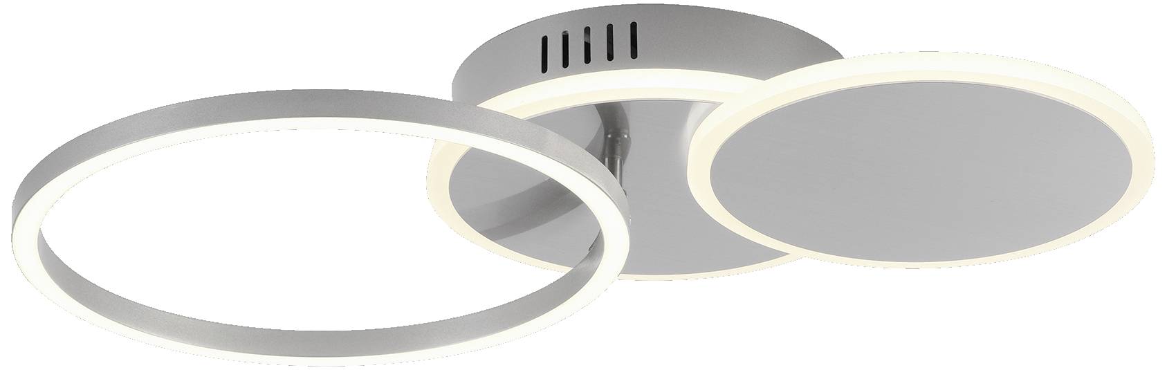 Zwei silberne, ineinandergreifende LED-Deckenleuchten mit moderner, runder Form, die weiches, weißes Licht ausstrahlen.