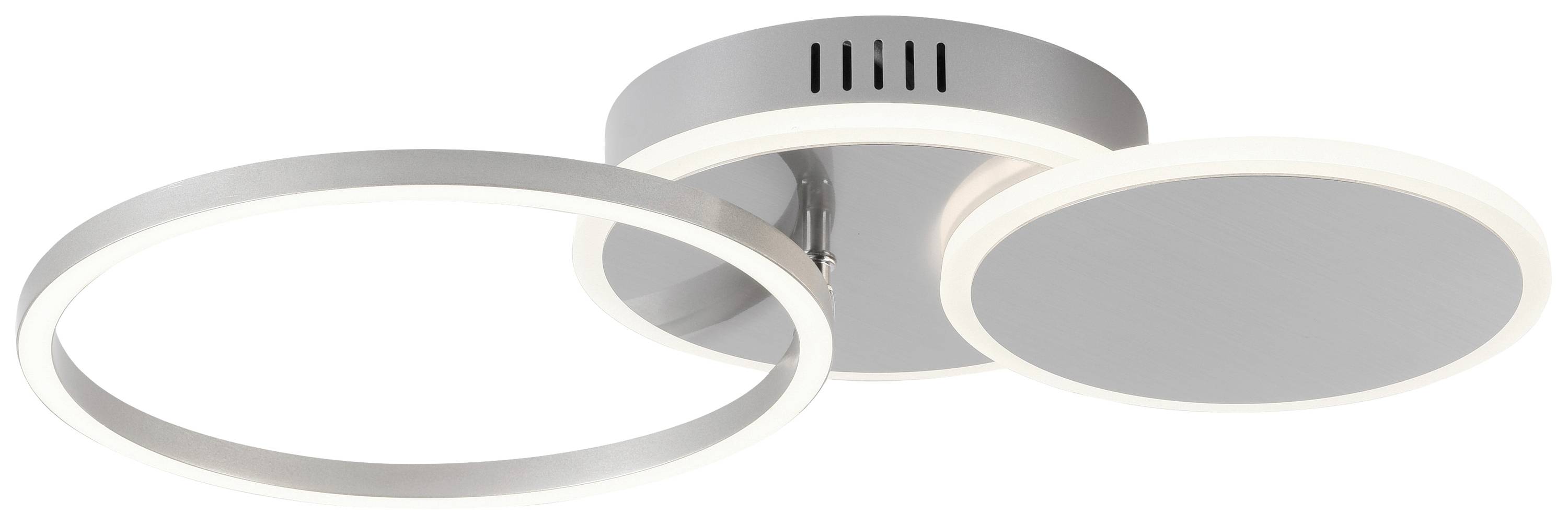Deckenleuchte mit zwei kreisförmigen LED-Lichtern, in modernem Design. Eine Lichtquelle ist ringförmig, die andere vollflächig.