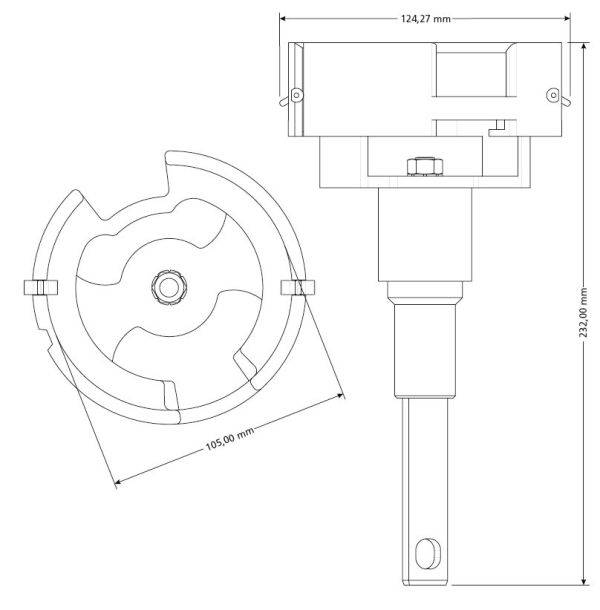 Technische Zeichnung eines mechanischen Teils mit Abmessungen: Durchmesser 105 mm, Länge 124,27 mm und Höhe 23,02 mm.