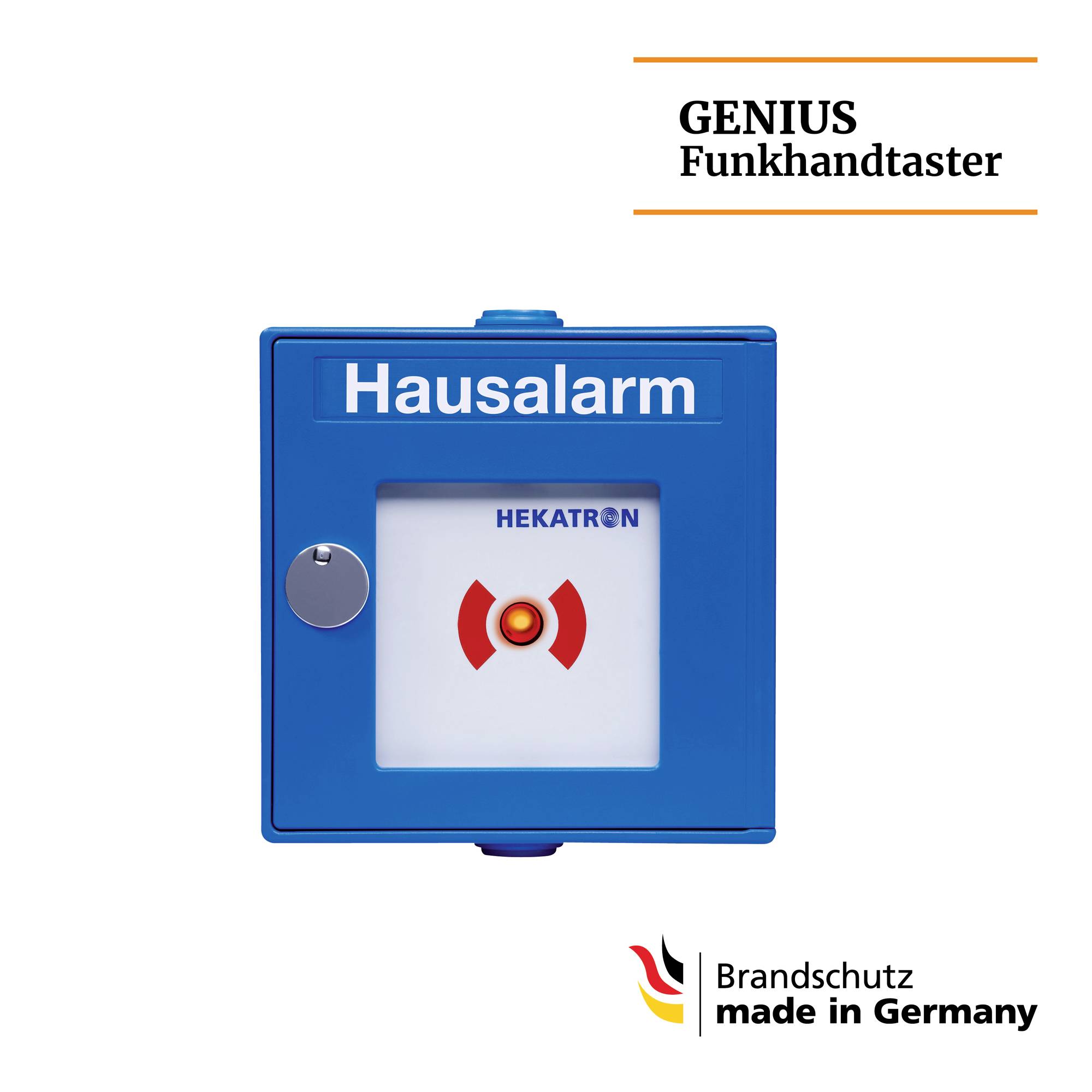 Blauer Funkhandtaster mit der Aufschrift Hausalarm, daneben ein Logo mit Schriftzug GENIUS Funkhandtaster und Brandschutz made in Germany.