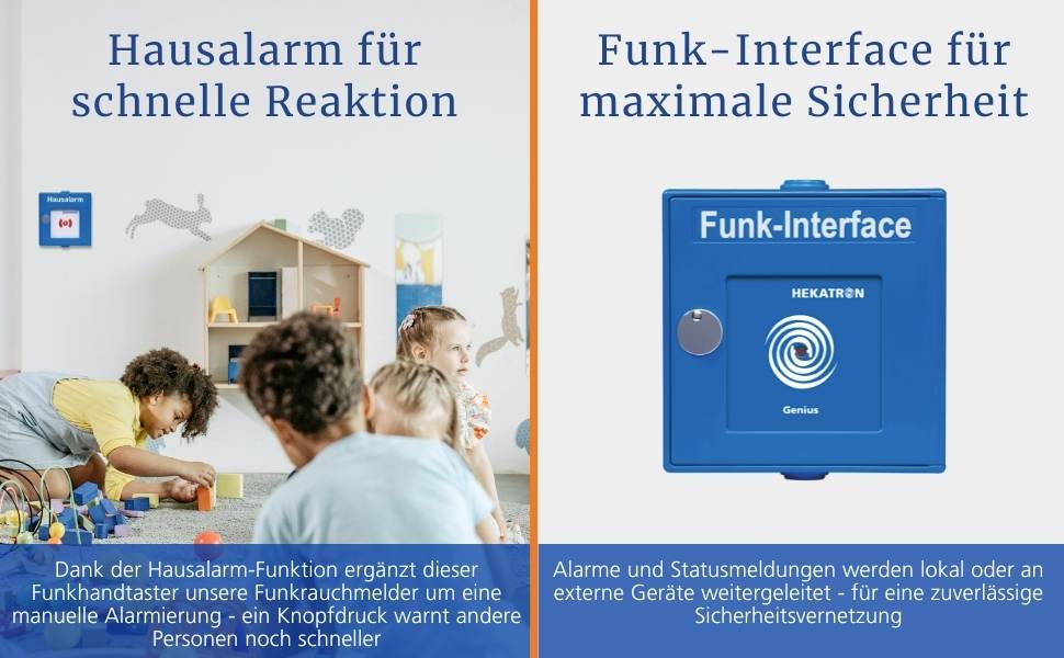 Zwei Kinder spielen auf dem Boden mit einem Alarmsystem an der Wand, das mit „Hausalarm für schnelle Reaktion