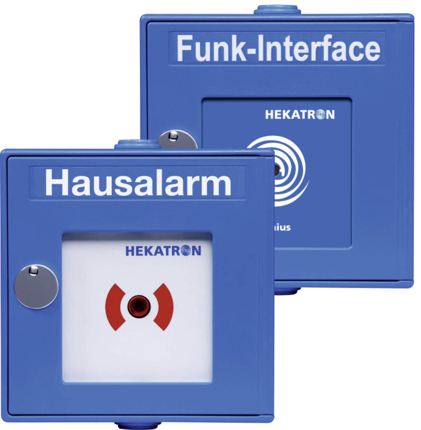 Zwei blaue Notfallgeräte. Links: 'Hausalarm' mit rotem Knopf symbolisiert Alarm. Rechts: 'Funk-Interface' mit Hekatron-Logo, zeigt Funkverbindung.