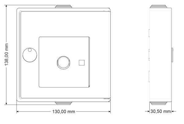 Technische Zeichnung eines quadratischen Gehäuses mit Maßen 138 x 130 x 30,5 mm. Zeigt Vorder- und Seitenansicht.