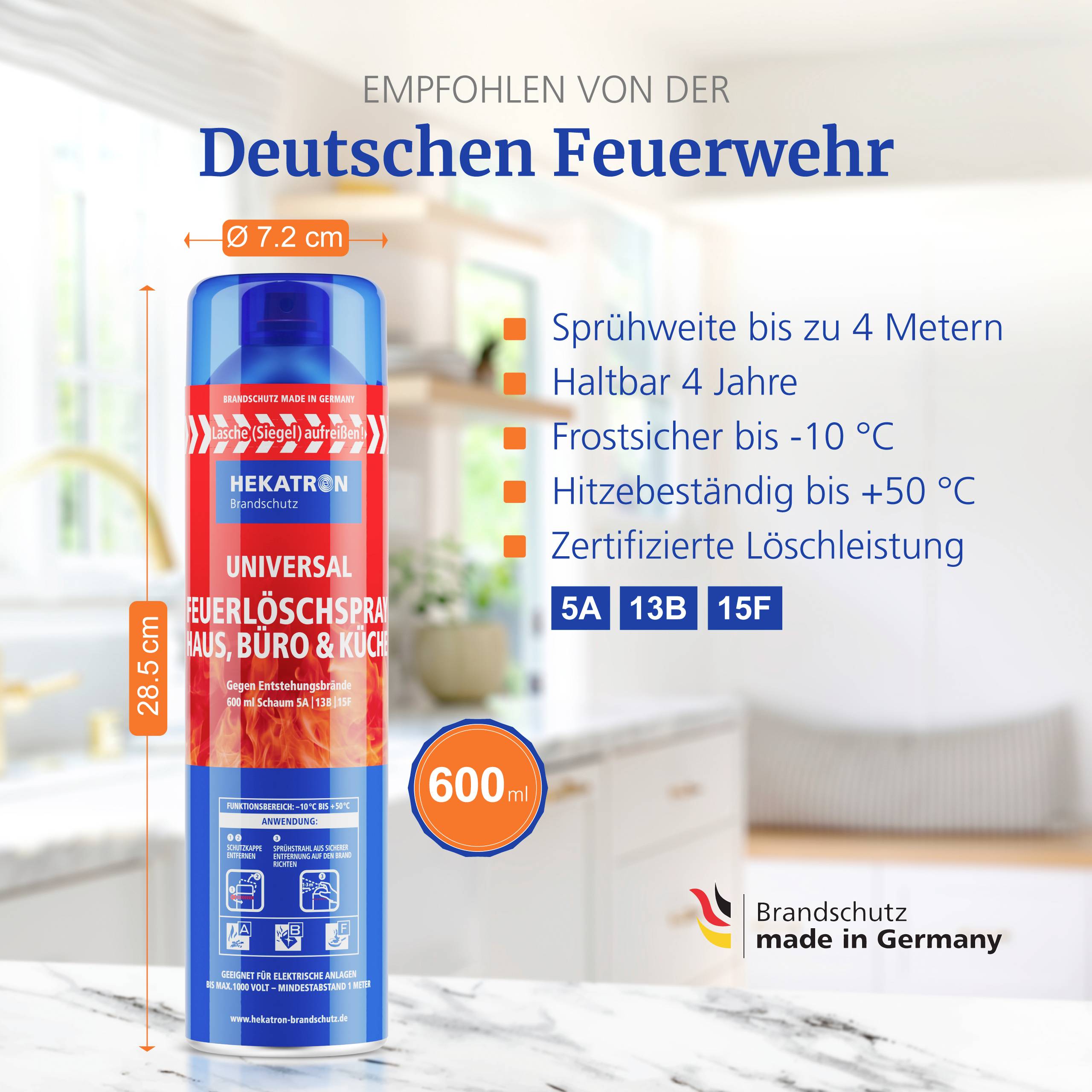 Ein von der Deutschen Feuerwehr empfohlener Feuerlöscher wird gezeigt, der Eigenschaften wie eine Sprühreichweite von 4 Metern und eine Temperaturbeständigkeit von -10°C bis +50°C hervorhebt.