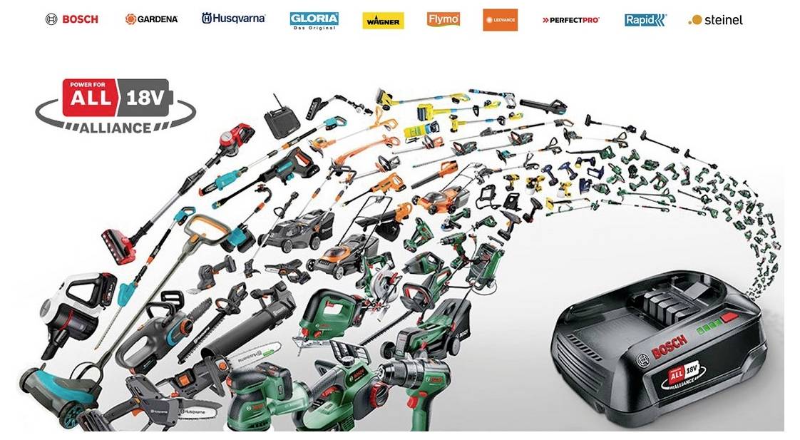 Verschiedene Garten- und Haushaltsgeräte fliegen auf einen Bosch 18V-Akku zu und symbolisieren die Kompatibilität verschiedener Marken mit dem „POWER FOR ALL