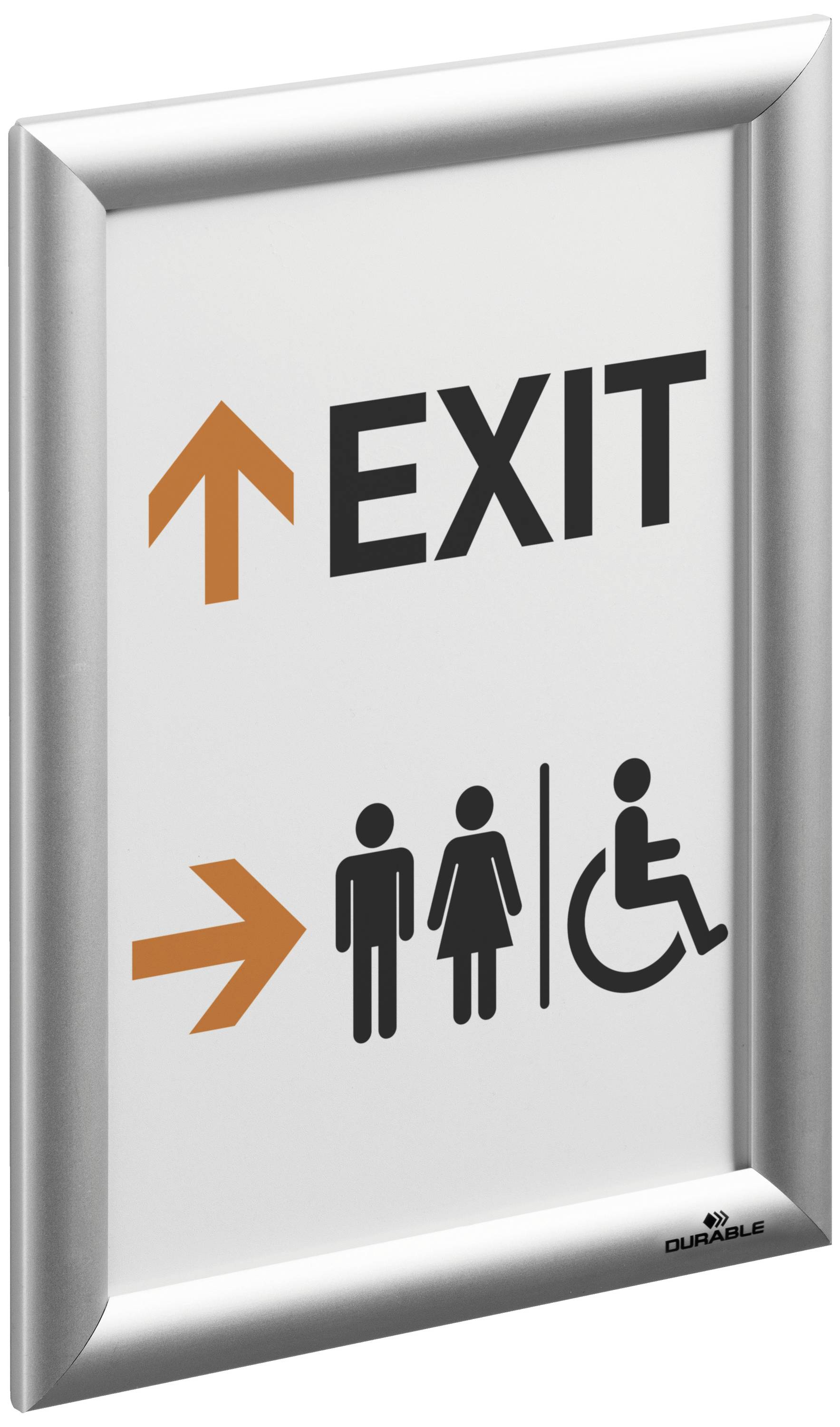 Exit-Schild: Ein orangefarbener Pfeil nach oben zeigt zum Ausgang. Ein Pfeil nach rechts weist zu Toiletten mit Symbolen für Männer, Frauen und Rollstuhlfahrer.