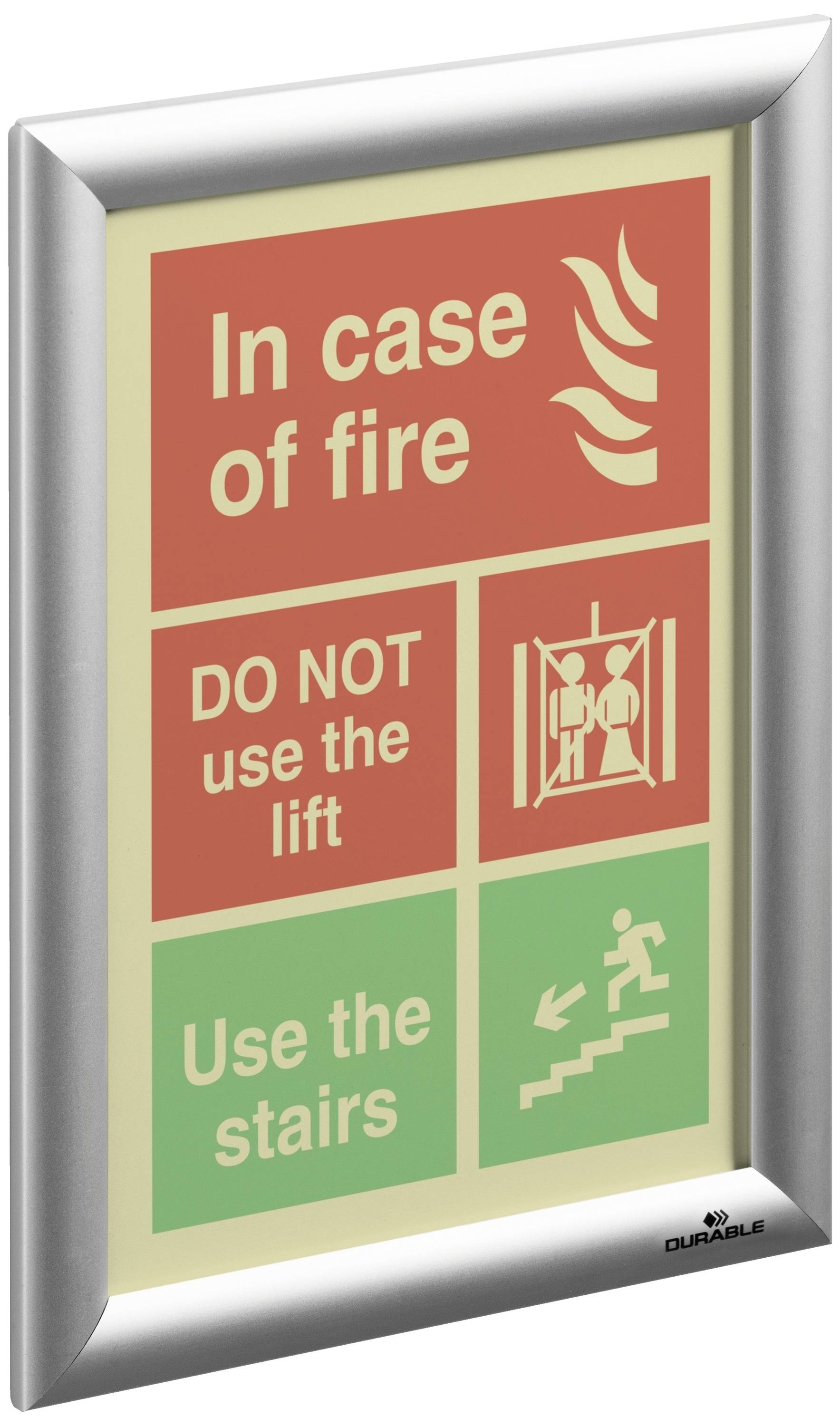 'Im Brandfall' Schild: Nicht den Aufzug benutzen, die Treppe nutzen. Icons: Feuer, Aufzug mit Verbotsschild, Treppenhaus.