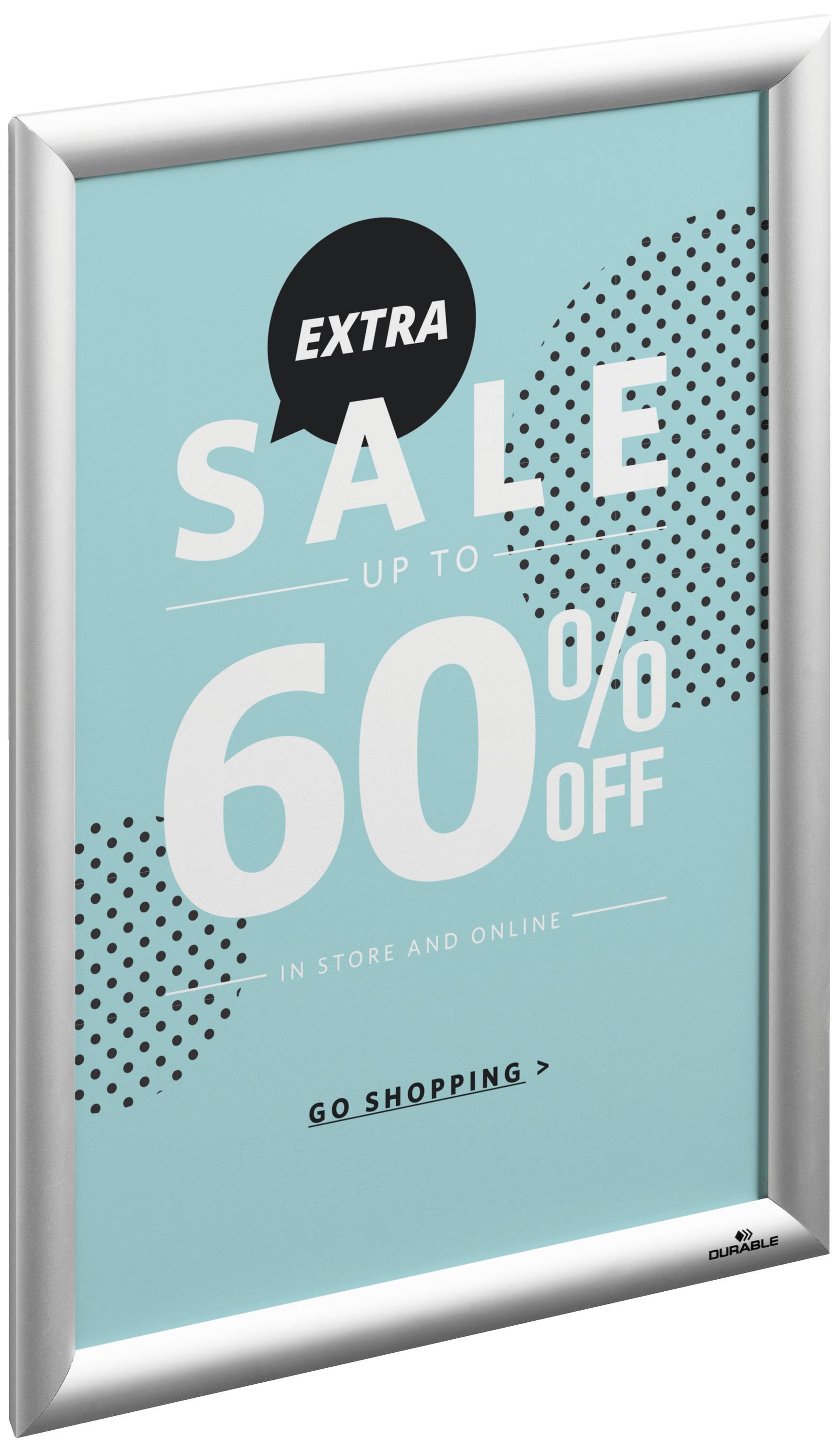 Werbeplakat mit der Aufschrift 'Extra Sale bis zu 60% Rabatt in Geschäften und online'. Hintergrund in hellem Blau mit schwarzen Punkten.