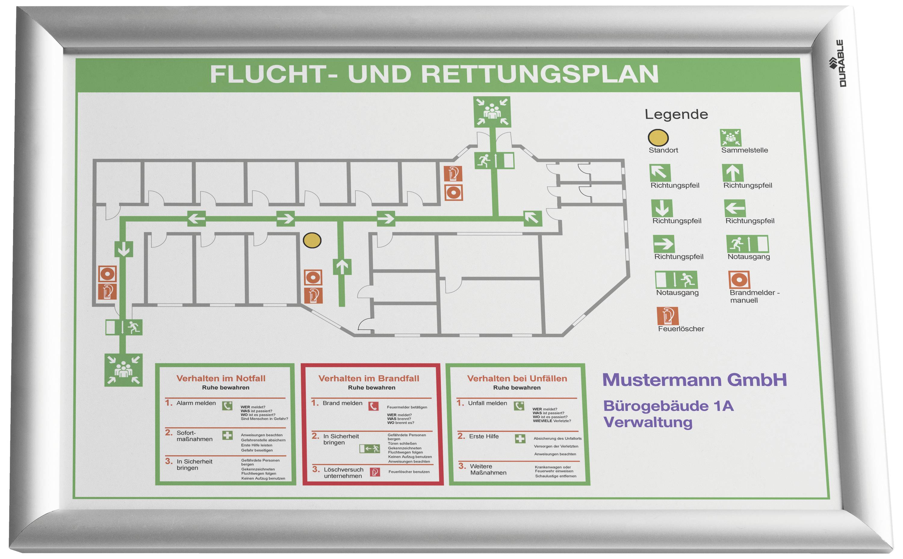Flucht- und Rettungsplan eines Bürogebäudes mit gekennzeichneten Fluchtwegen, Notausgängen und Sammelstellen, inklusive Verhaltensregeln.