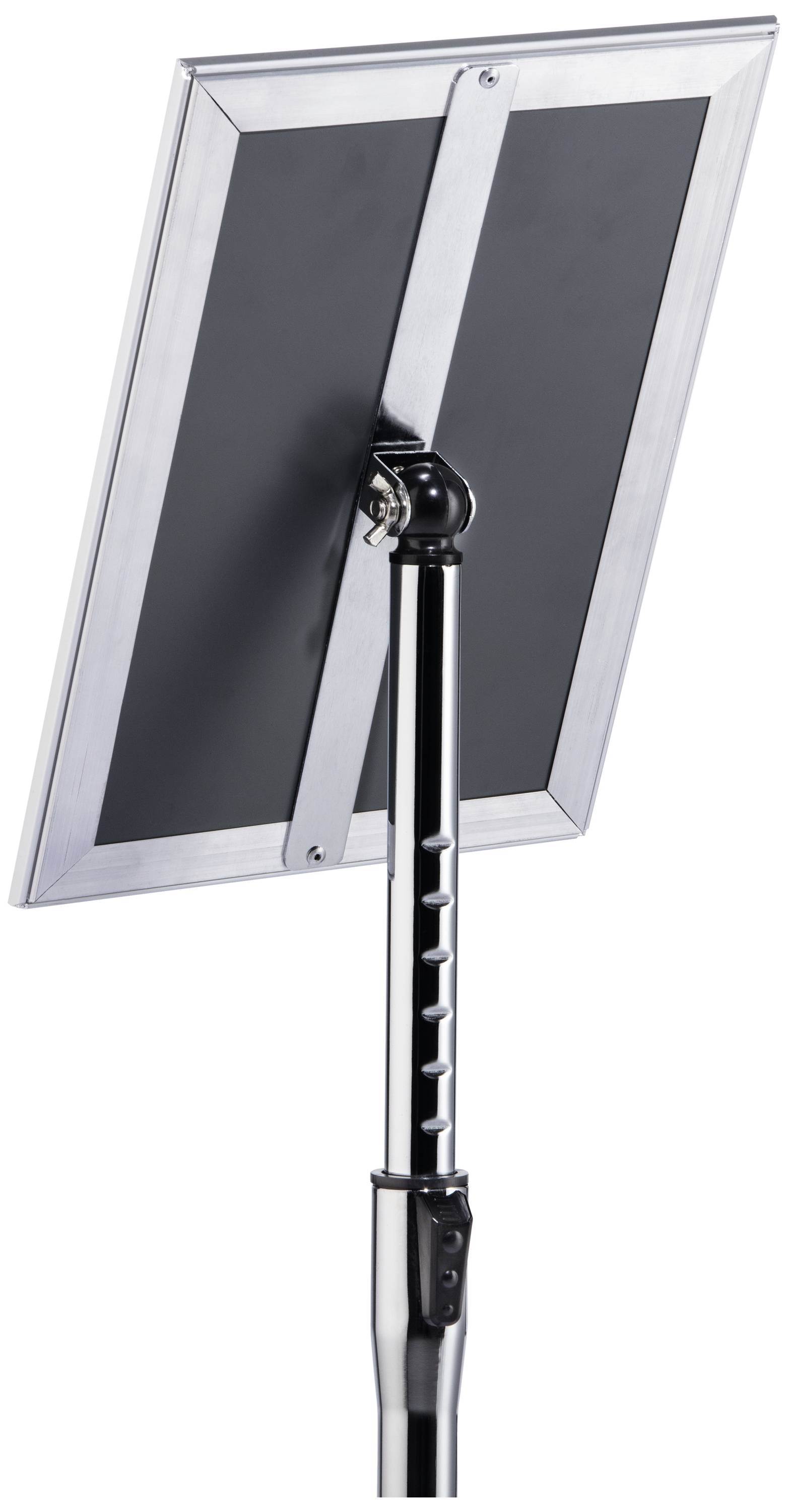 Ein Ständer mit verstellbarem Halter für ein Schild oder Poster, aus Metall, mit einer schwarzen Rückseite und silbernem Rahmen.