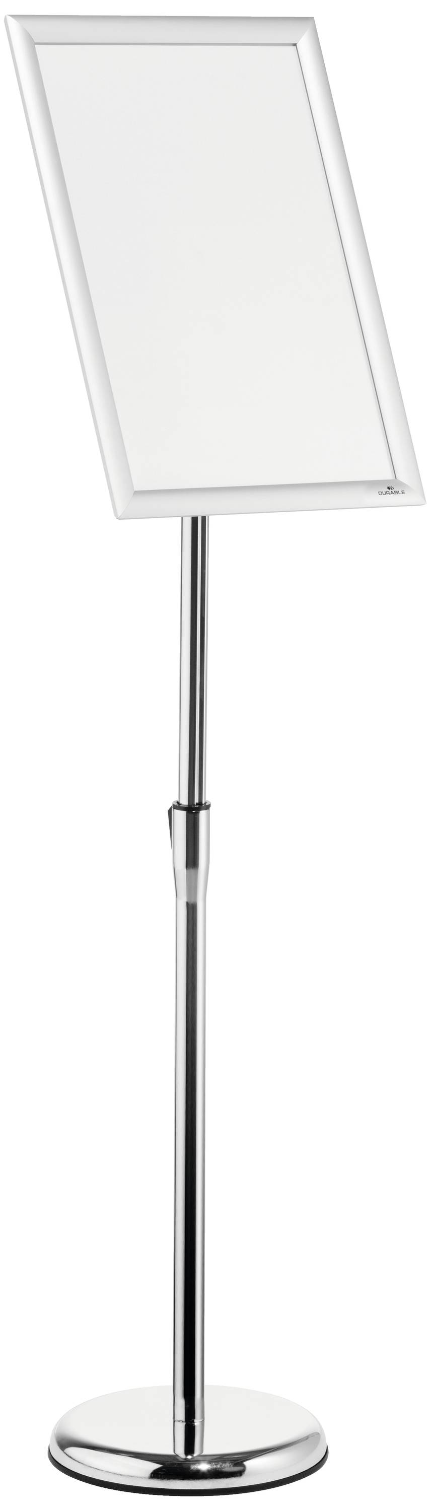 Ein höhenverstellbarer silberner Plakatständer mit rechteckigem Rahmen, ideal zur Präsentation von Informations- oder Werbematerialien.