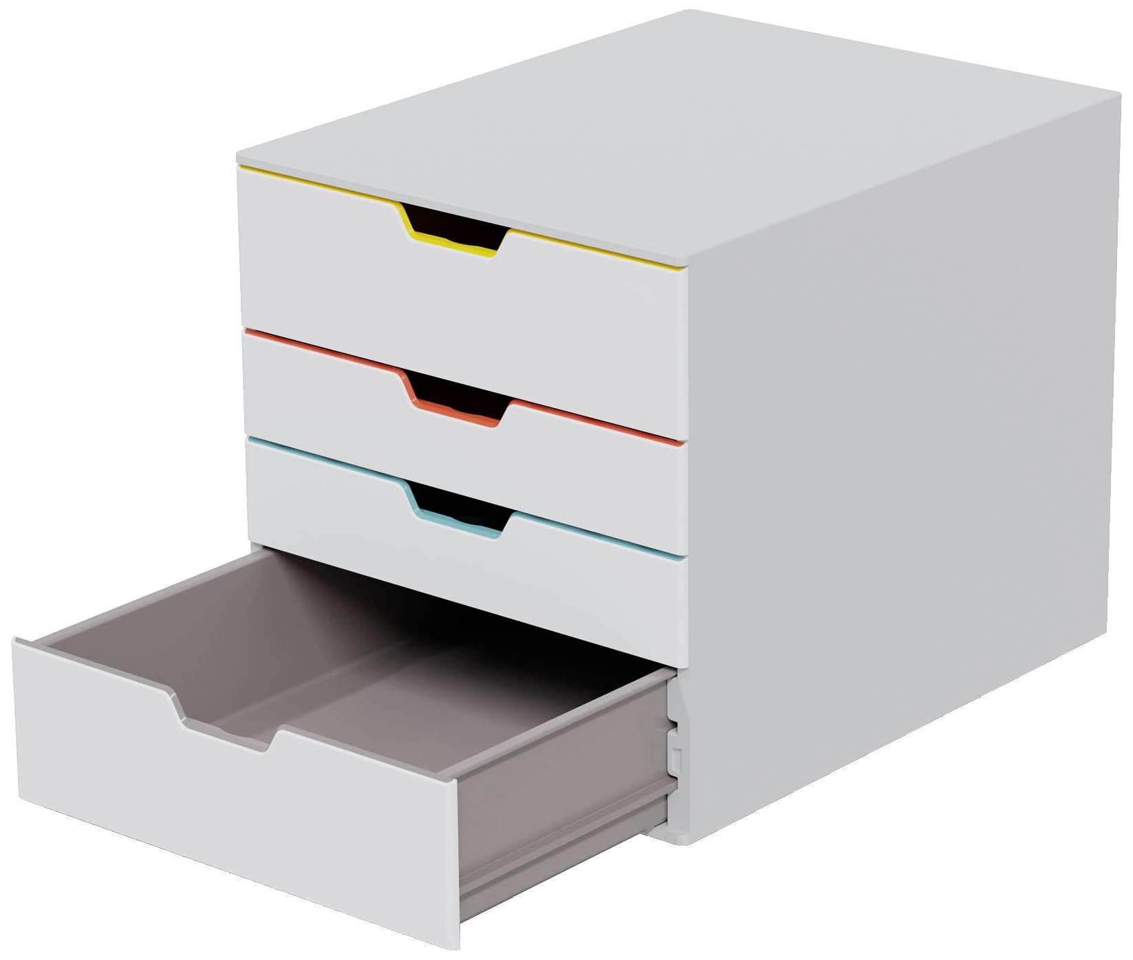 Ein weißer Schreibtisch-Organizer mit vier Schubladen, wovon drei geschlossen und unterschiedlich farbig markiert sind, und eine geöffnet.