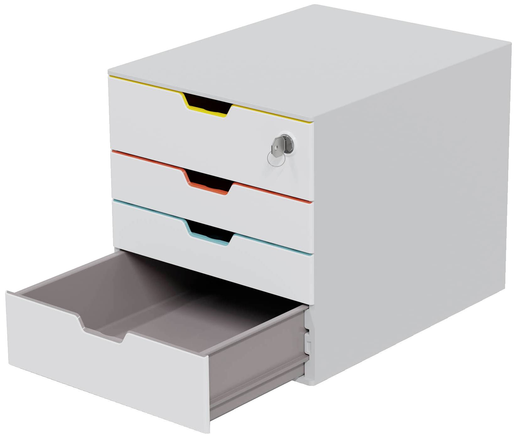 Ein grauer Schubladencontainer mit drei Schubladen, von denen eine geöffnet ist. Er hat ein Schloss an der oberen rechten Ecke.