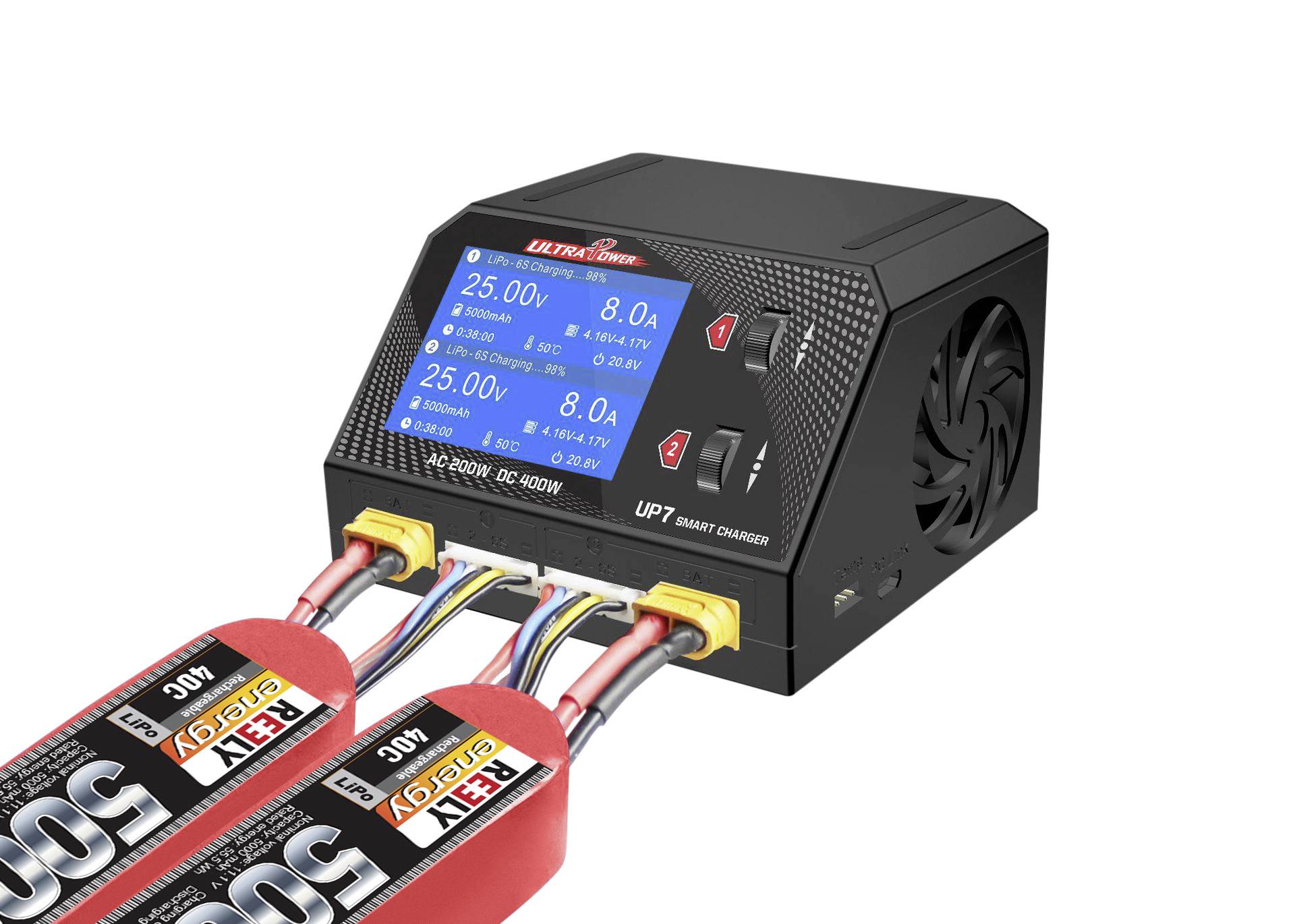 Ein smartes Ladegerät für Modellbau-Batterien, zeigt zwei Ladezyklen auf dem Display an mit jeweils 25V und 8A, verbunden mit Akkus.
