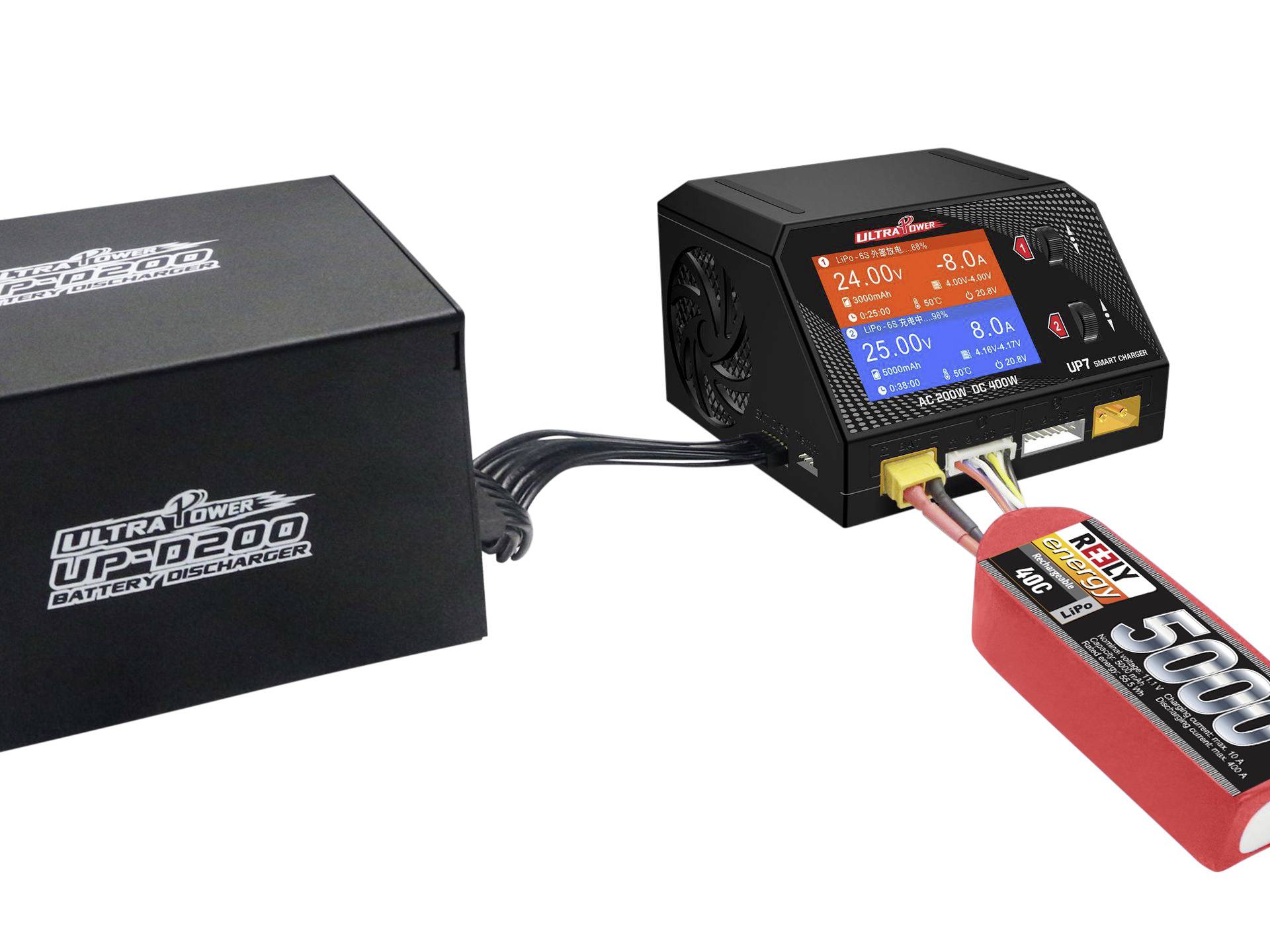 Ultra Power Modellbau-Ladegerät 10A LiIon, LiPo, LiFePO, LiHV, NiMH, NiCd, Blei-Säure doppelter Ladeausgang, 2 x 200W