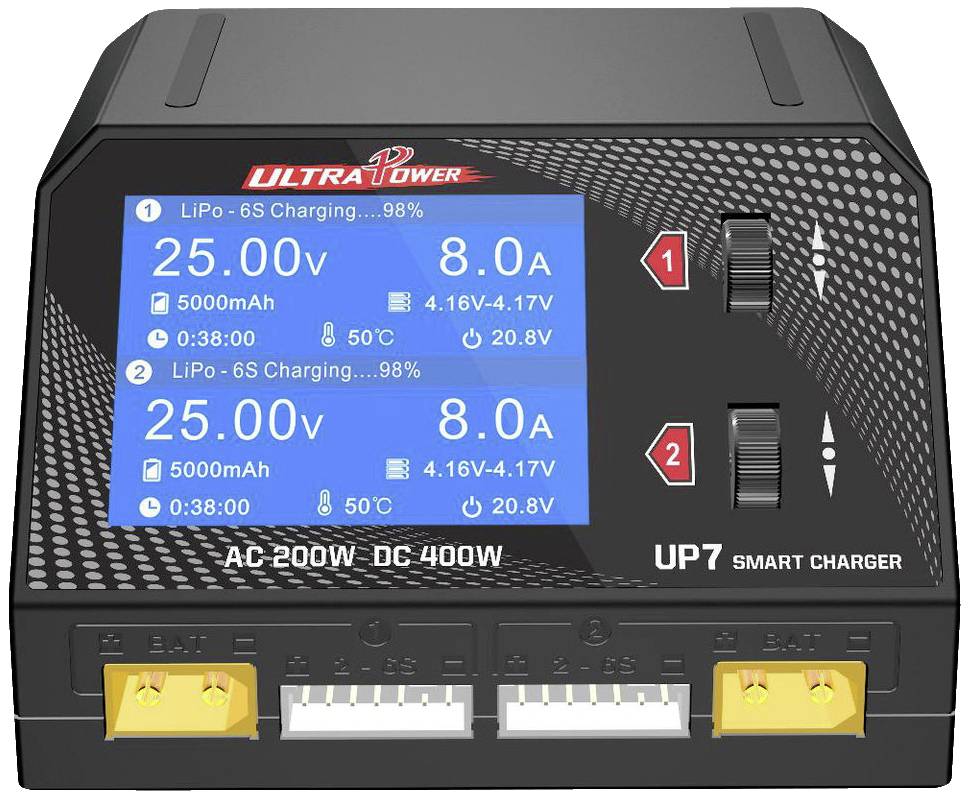 Zweifacher Batterielader mit zwei Bildschirmen, die Spannung, Strom und Ladezeit anzeigen; geeignet für LiPo-Batterien.